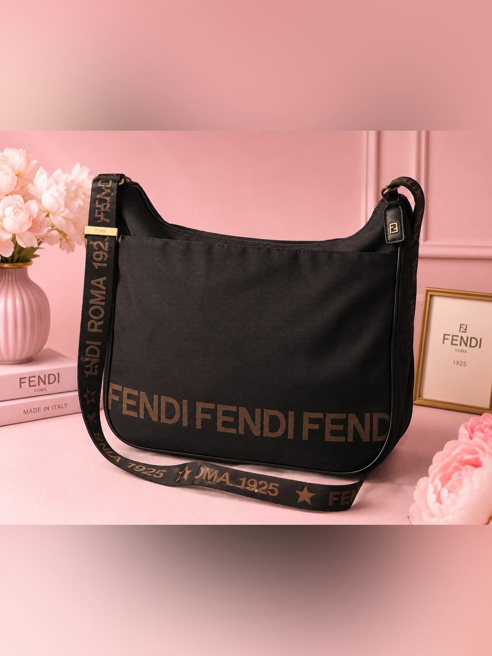 Vintage Fendi Roma 1925 Black Nylon Messenger Crossbody Bag